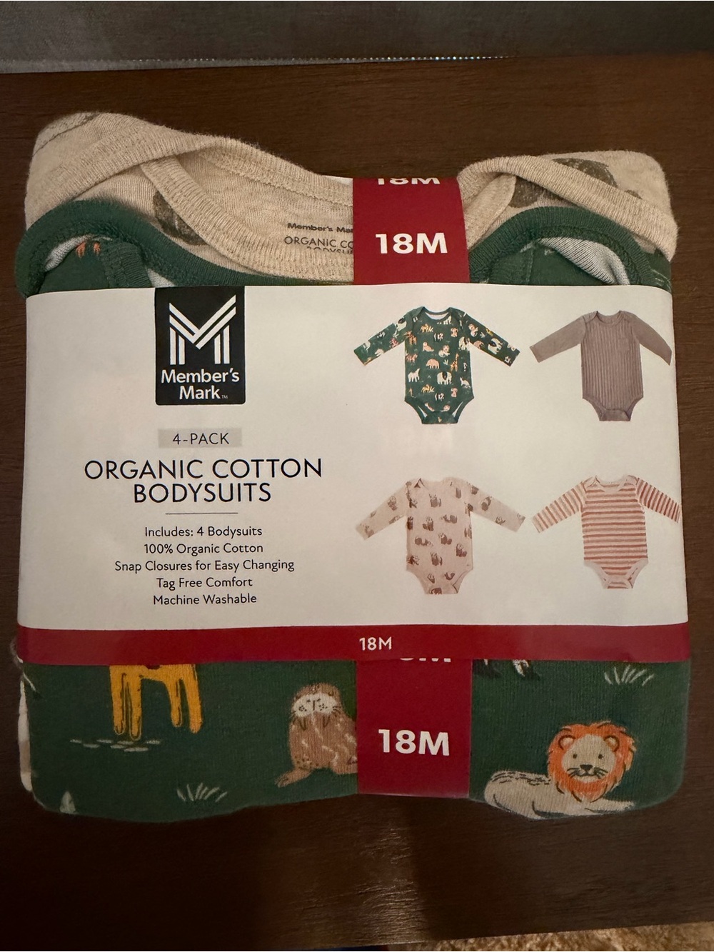Member's Mark Organic Cotton Kids One-Piece Bodysuits - Green Safari Print, 18M